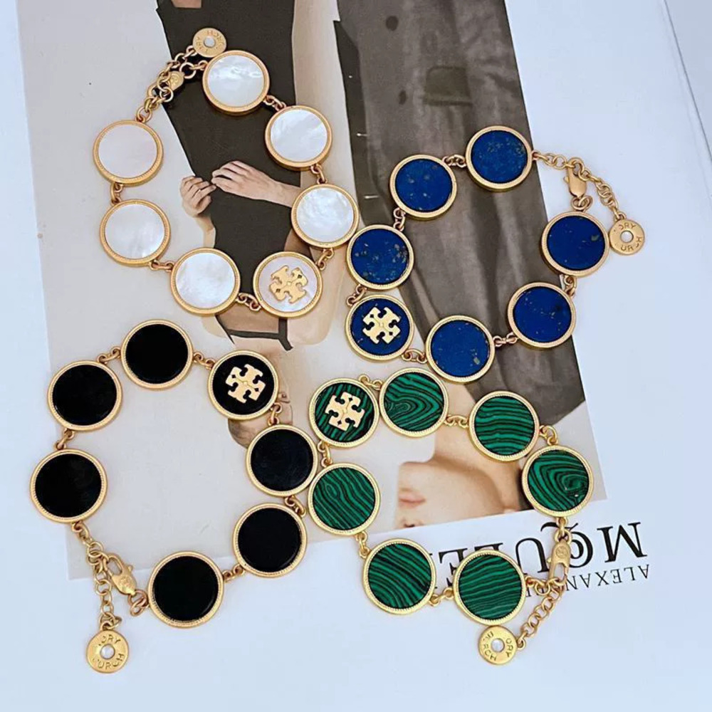 Tory Burch Enamel Inlaid Geometric Round Metal Bracelet for